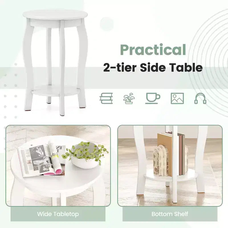 Table d'appoint ronde à 2 niveaux, table de chevet étroite pour canapé avec étagère de rangement et pieds en bois