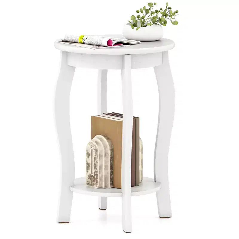 Table d'appoint ronde à 2 niveaux, table de chevet étroite pour canapé avec étagère de rangement et pieds en bois