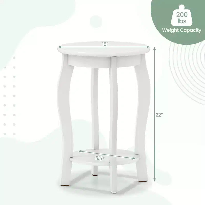 Table d'appoint ronde à 2 niveaux, table de chevet étroite pour canapé avec étagère de rangement et pieds en bois