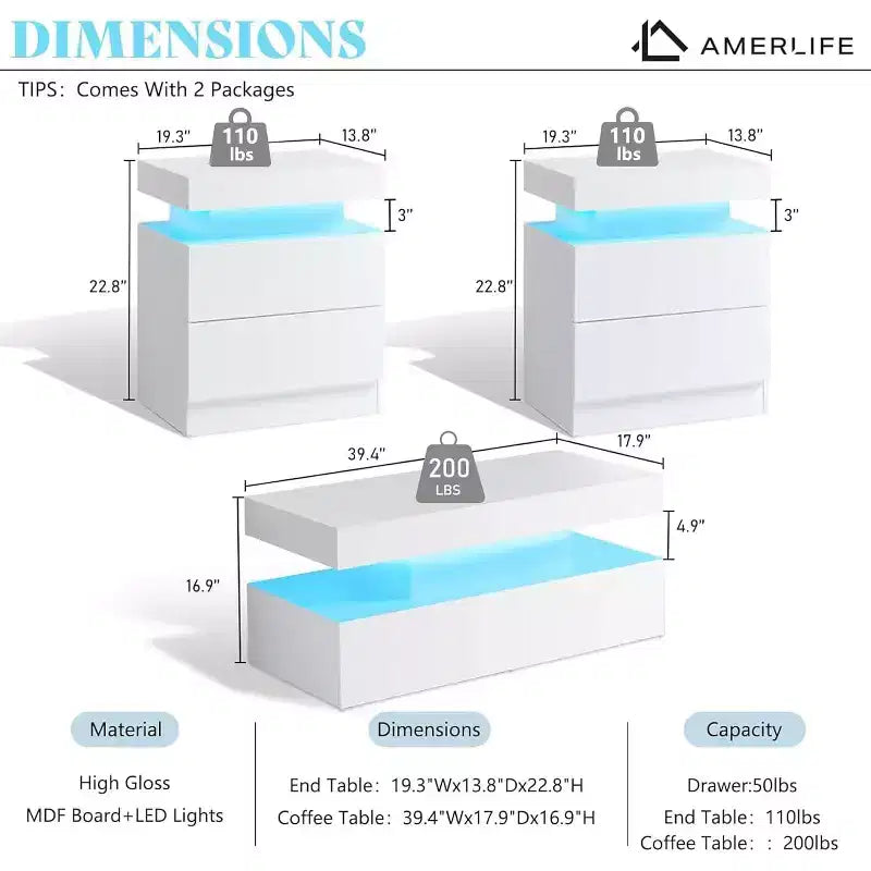 AMERLIFE Ensemble de 3 tables basses modernes laquées brillantes avec éclairage LED et rangement, 2 tables d'appoint avec station de recharge pour salon