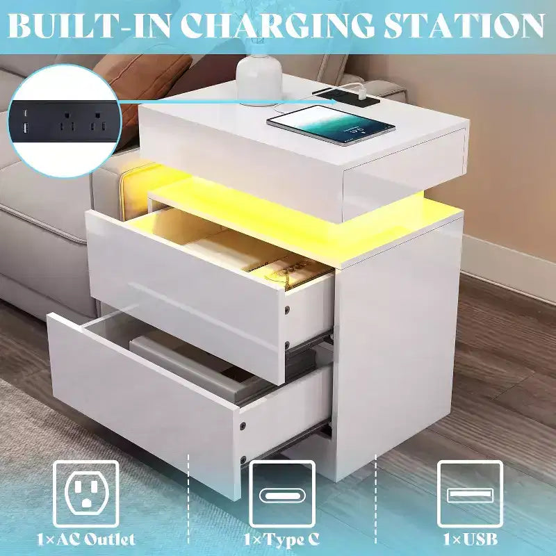 AMERLIFE Ensemble de 3 tables basses modernes laquées brillantes avec éclairage LED et rangement, 2 tables d'appoint avec station de recharge pour salon