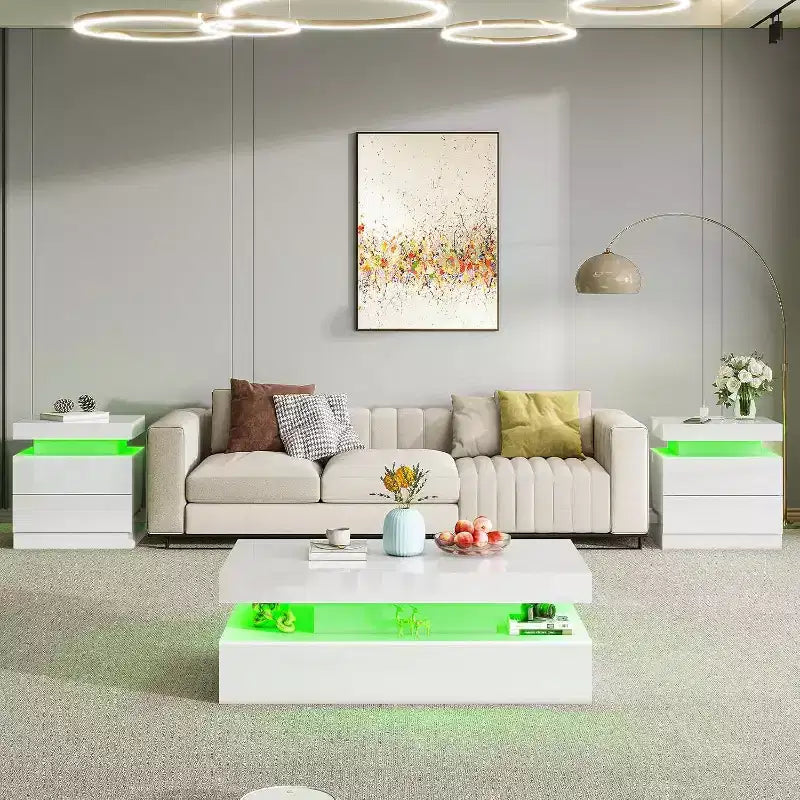 AMERLIFE Ensemble de 3 tables basses modernes laquées brillantes avec éclairage LED et rangement, 2 tables d'appoint avec station de recharge pour salon