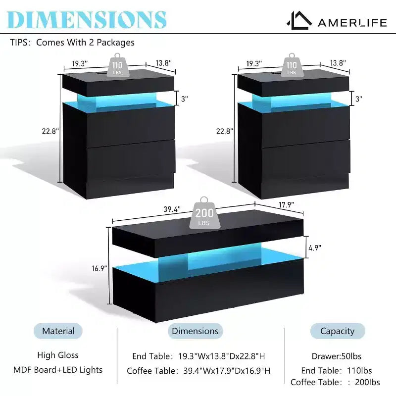 AMERLIFE Ensemble de 3 tables basses modernes laquées brillantes avec éclairage LED et rangement, 2 tables d'appoint avec station de recharge pour salon
