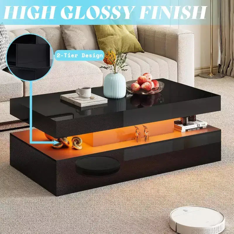 AMERLIFE Ensemble de 3 tables basses modernes laquées brillantes avec éclairage LED et rangement, 2 tables d'appoint avec station de recharge pour salon
