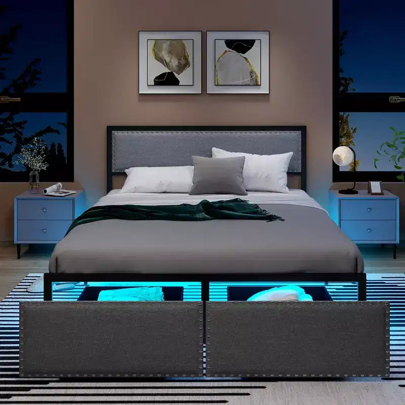 Cadre de lit Queen Size avec 2 tiroirs de rangement, lumières LED, support à lattes, design moderne