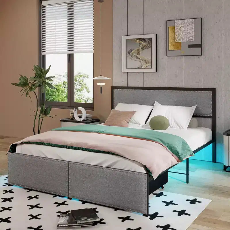 Cadre de lit Queen Size avec 2 tiroirs de rangement, lumières LED, support à lattes, design moderne