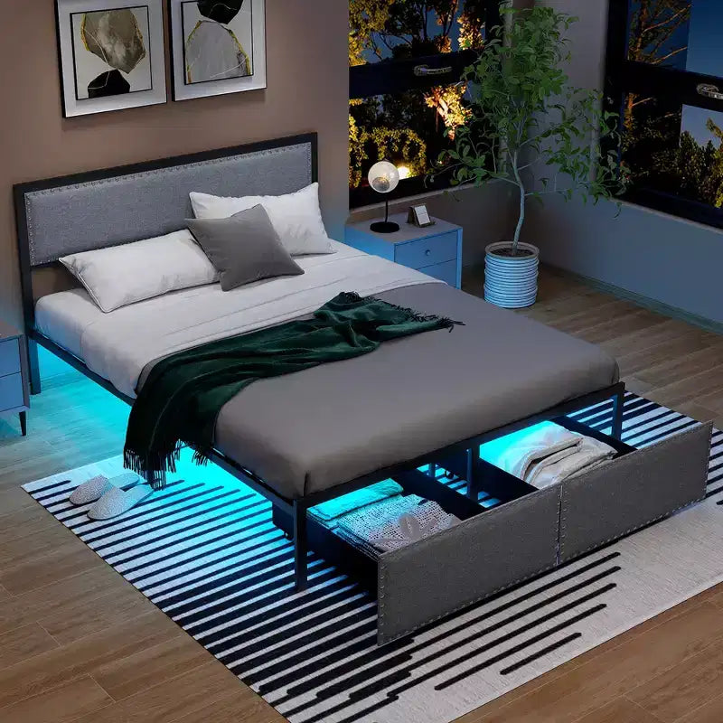 Cadre de lit Queen Size avec 2 tiroirs de rangement, lumières LED, support à lattes, design moderne