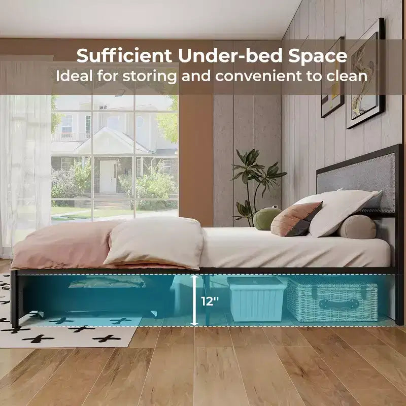 Cadre de lit Queen Size avec 2 tiroirs de rangement, lumières LED, support à lattes, design moderne