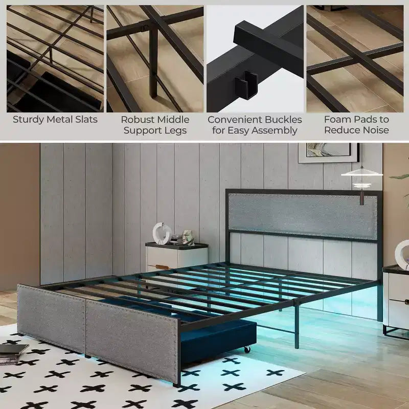 Cadre de lit Queen Size avec 2 tiroirs de rangement, lumières LED, support à lattes, design moderne