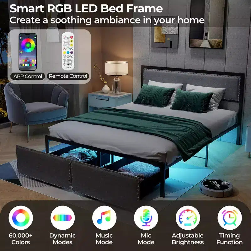Cadre de lit Queen Size avec 2 tiroirs de rangement, lumières LED, support à lattes, design moderne