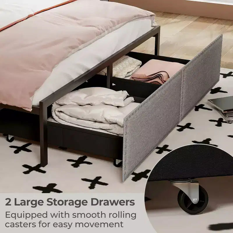 Cadre de lit Queen Size avec 2 tiroirs de rangement, lumières LED, support à lattes, design moderne
