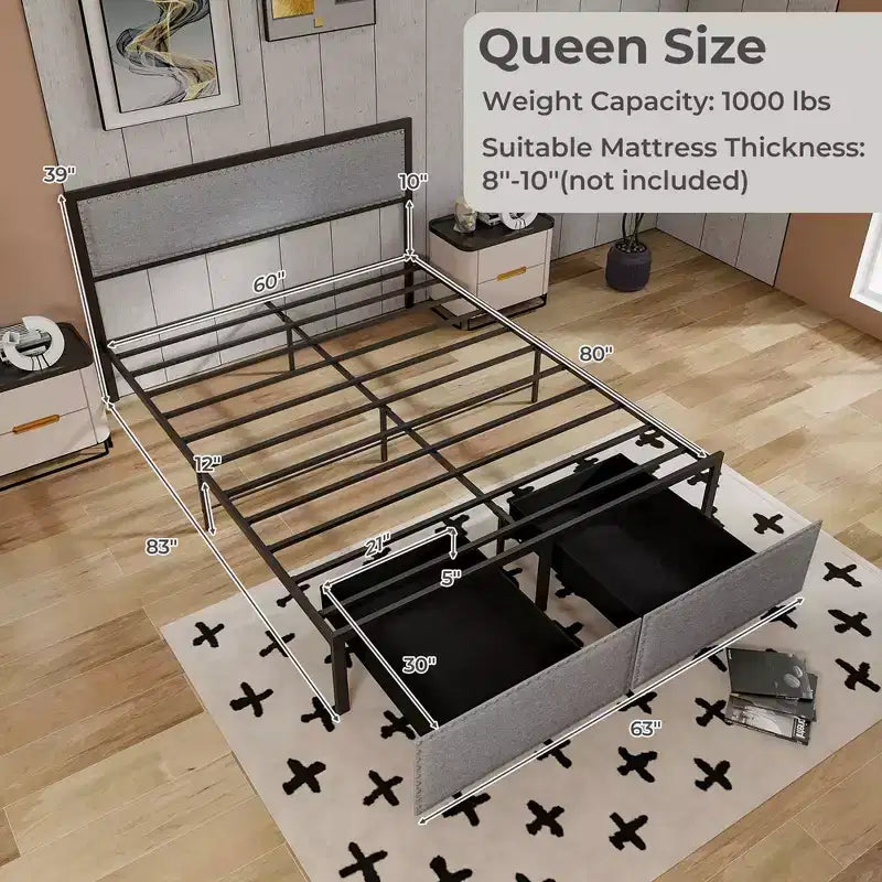 Cadre de lit Queen Size avec 2 tiroirs de rangement, lumières LED, support à lattes, design moderne