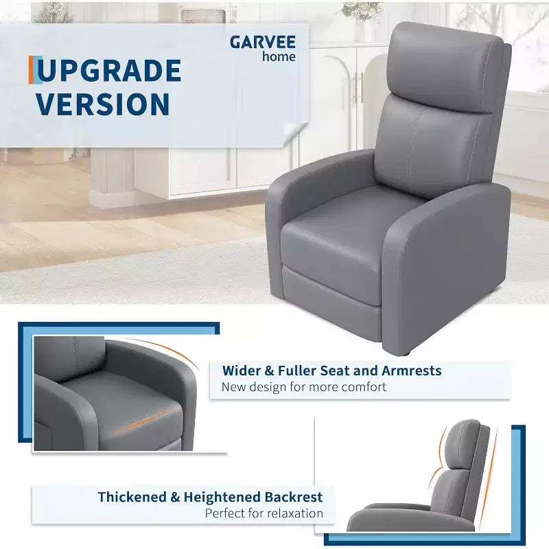 Fauteuil inclinable en cuir PU, canapé individuel ergonomique réglable avec poche latérale, dossier haut, accoudoirs larges, assise rembourrée