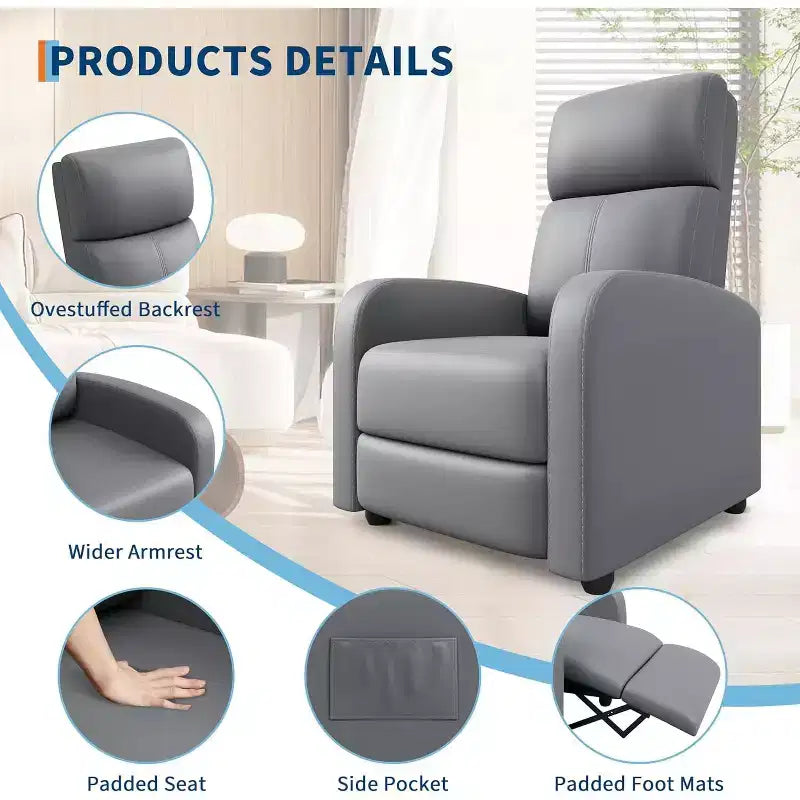 Fauteuil inclinable en cuir PU, canapé individuel ergonomique réglable avec poche latérale, dossier haut, accoudoirs larges, assise rembourrée