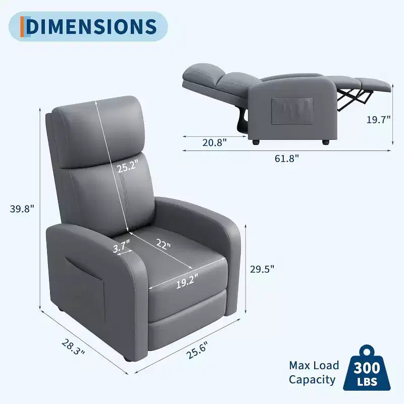 Fauteuil inclinable en cuir PU, canapé individuel ergonomique réglable avec poche latérale, dossier haut, accoudoirs larges, assise rembourrée