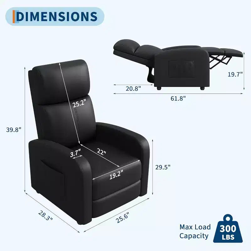Fauteuil inclinable en cuir PU, canapé individuel ergonomique réglable avec poche latérale, dossier haut, accoudoirs larges, assise rembourrée