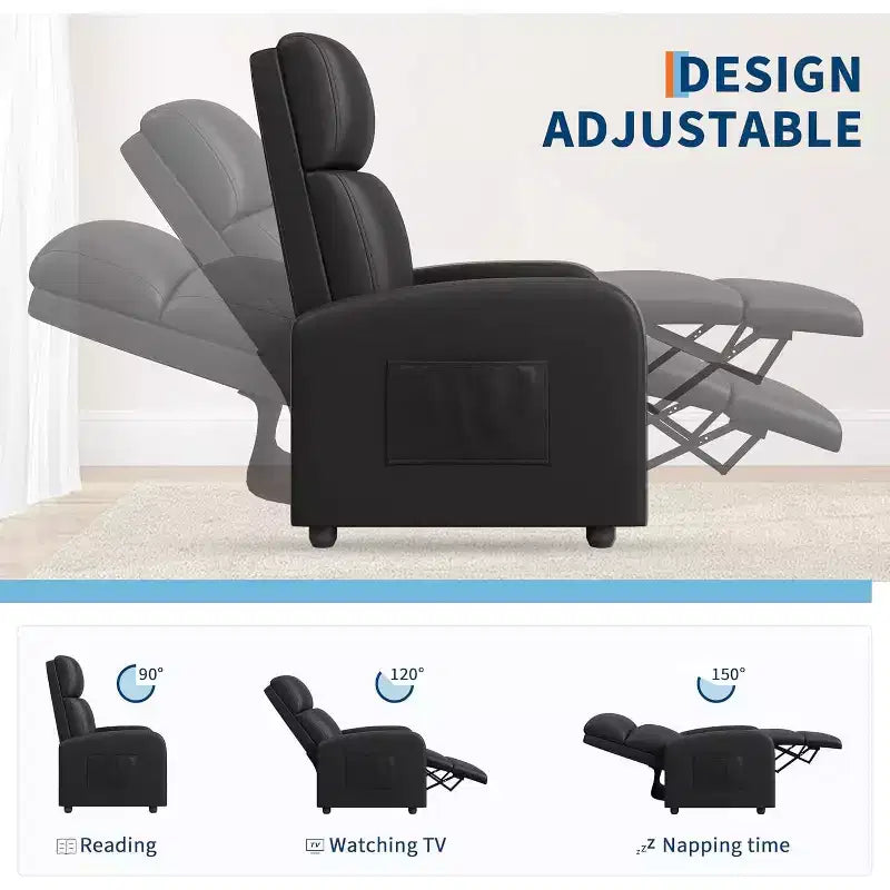 Fauteuil inclinable en cuir PU, canapé individuel ergonomique réglable avec poche latérale, dossier haut, accoudoirs larges, assise rembourrée