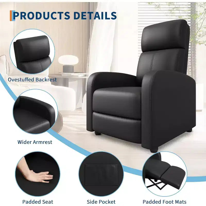 Fauteuil inclinable en cuir PU, canapé individuel ergonomique réglable avec poche latérale, dossier haut, accoudoirs larges, assise rembourrée