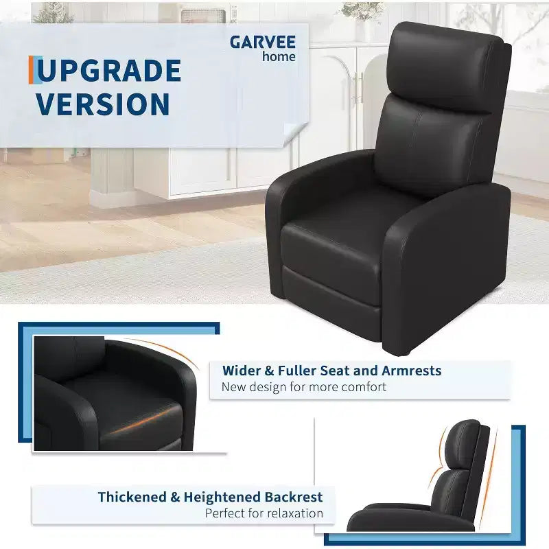 Fauteuil inclinable en cuir PU, canapé individuel ergonomique réglable avec poche latérale, dossier haut, accoudoirs larges, assise rembourrée