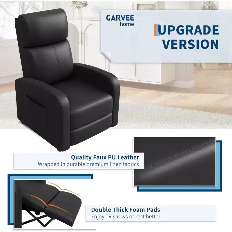 Fauteuil inclinable en cuir PU, canapé individuel ergonomique réglable avec poche latérale, dossier haut, accoudoirs larges, assise rembourrée