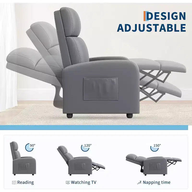 Fauteuil inclinable en cuir PU, canapé individuel ergonomique réglable avec poche latérale, dossier haut, accoudoirs larges, assise rembourrée