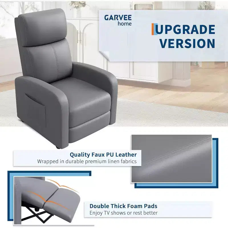 Fauteuil inclinable en cuir PU, canapé individuel ergonomique réglable avec poche latérale, dossier haut, accoudoirs larges, assise rembourrée