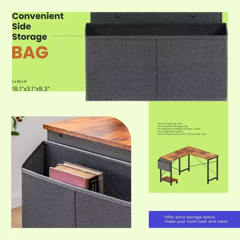 Bureau d'angle 50" avec sac de rangement latéral, support d'unité centrale et cadre métallique, bureau de jeu pour bureau à domicile, dortoir, salle d'étude
