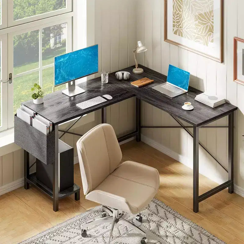 Bureau d'angle 50" avec sac de rangement latéral, support d'unité centrale et cadre métallique, bureau de jeu pour bureau à domicile, dortoir, salle d'étude