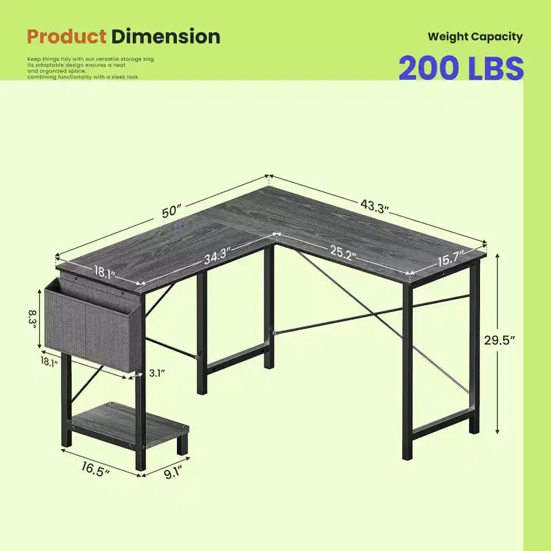 Bureau d'angle 50" avec sac de rangement latéral, support d'unité centrale et cadre métallique, bureau de jeu pour bureau à domicile, dortoir, salle d'étude