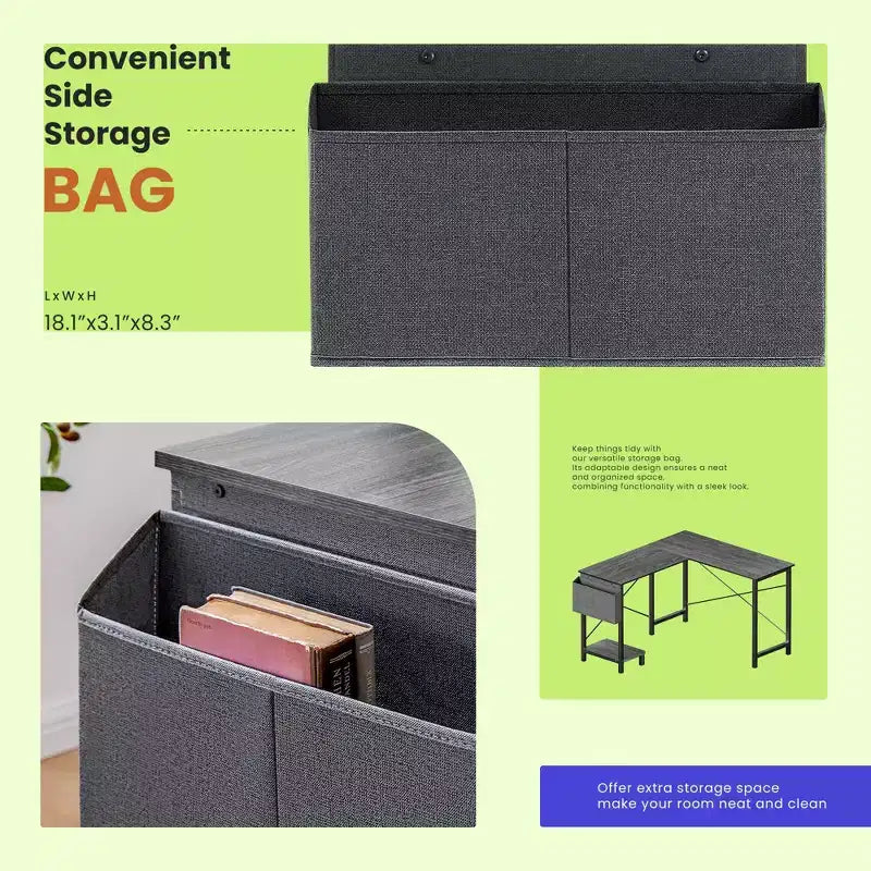 Bureau d'angle 50" avec sac de rangement latéral, support d'unité centrale et cadre métallique, bureau de jeu pour bureau à domicile, dortoir, salle d'étude