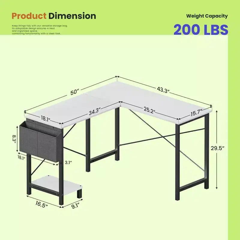 Bureau d'angle 50" avec sac de rangement latéral, support d'unité centrale et cadre métallique, bureau de jeu pour bureau à domicile, dortoir, salle d'étude