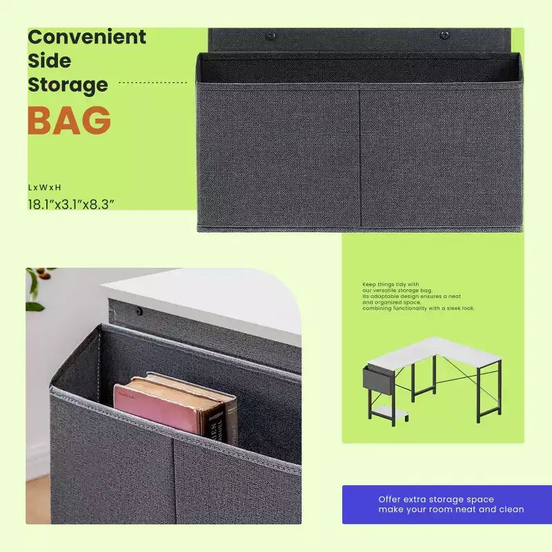 Bureau d'angle 50" avec sac de rangement latéral, support d'unité centrale et cadre métallique, bureau de jeu pour bureau à domicile, dortoir, salle d'étude