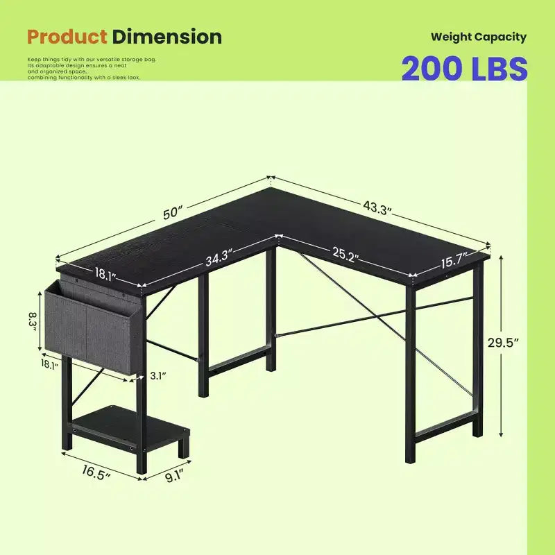 Bureau d'angle 50" avec sac de rangement latéral, support d'unité centrale et cadre métallique, bureau de jeu pour bureau à domicile, dortoir, salle d'étude