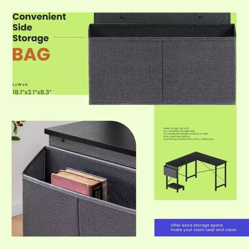 Bureau d'angle 50" avec sac de rangement latéral, support d'unité centrale et cadre métallique, bureau de jeu pour bureau à domicile, dortoir, salle d'étude