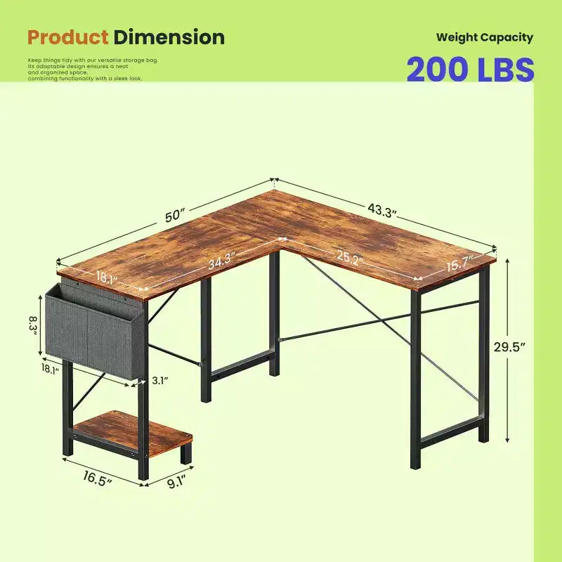 Bureau d'angle 50" avec sac de rangement latéral, support d'unité centrale et cadre métallique, bureau de jeu pour bureau à domicile, dortoir, salle d'étude