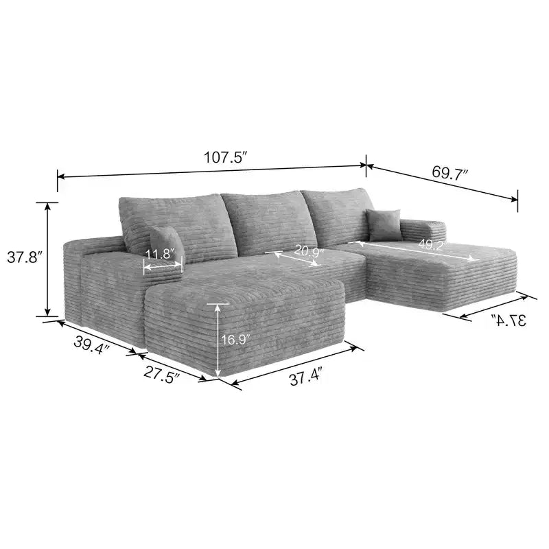 Canapé sectionnel nuage en velours côtelé gris de 107 pouces avec 1 pouf Canapé confortable en forme de U pour salon