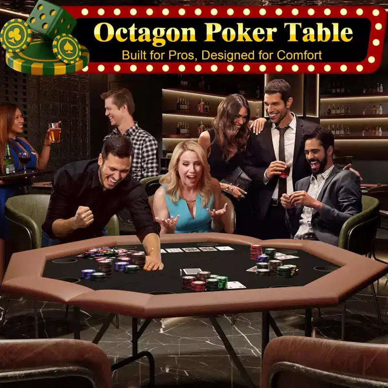 Table de Poker Octogonale 8 Joueurs, Table de Casino Pliable Marron avec Porte-Gobelets pour Texas Hold'em et Blackjack