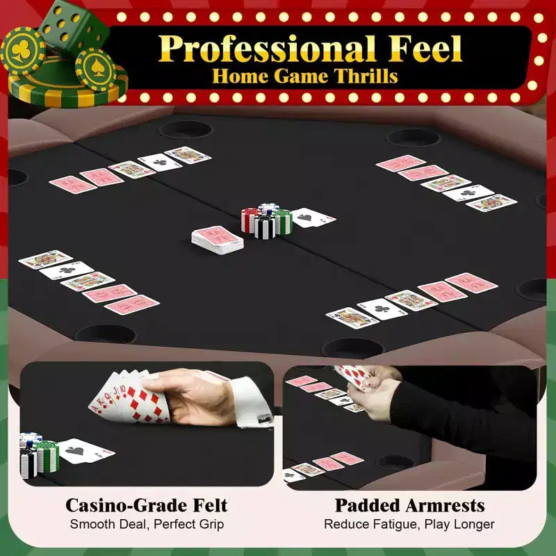Table de Poker Octogonale 8 Joueurs, Table de Casino Pliable Marron avec Porte-Gobelets pour Texas Hold'em et Blackjack