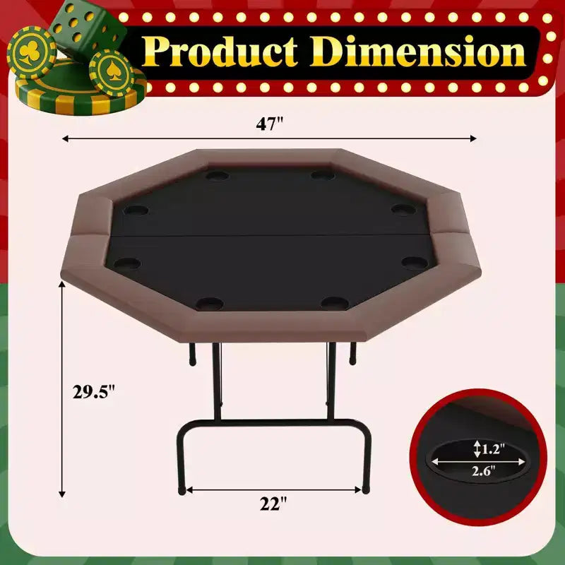 Table de Poker Octogonale 8 Joueurs, Table de Casino Pliable Marron avec Porte-Gobelets pour Texas Hold'em et Blackjack