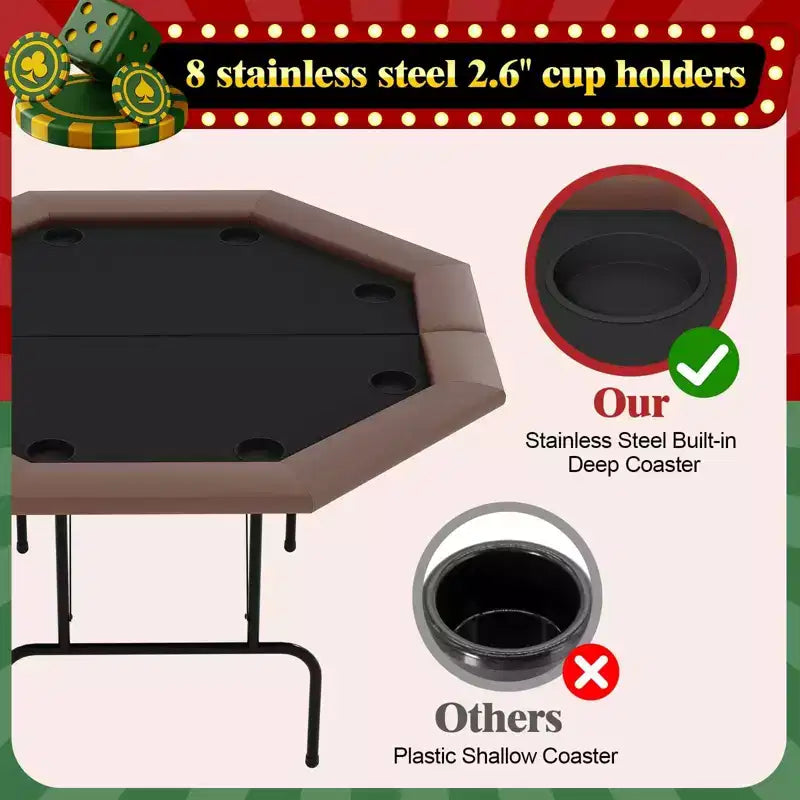 Table de Poker Octogonale 8 Joueurs, Table de Casino Pliable Marron avec Porte-Gobelets pour Texas Hold'em et Blackjack