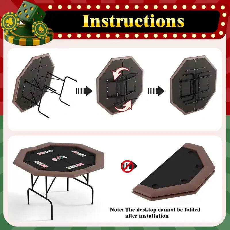 Table de Poker Octogonale 8 Joueurs, Table de Casino Pliable Marron avec Porte-Gobelets pour Texas Hold'em et Blackjack