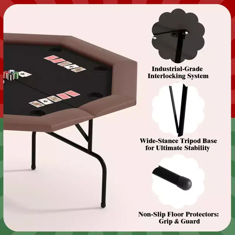 Table de Poker Octogonale 8 Joueurs, Table de Casino Pliable Marron avec Porte-Gobelets pour Texas Hold'em et Blackjack