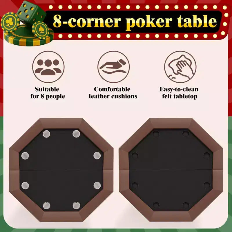 Table de Poker Octogonale 8 Joueurs, Table de Casino Pliable Marron avec Porte-Gobelets pour Texas Hold'em et Blackjack