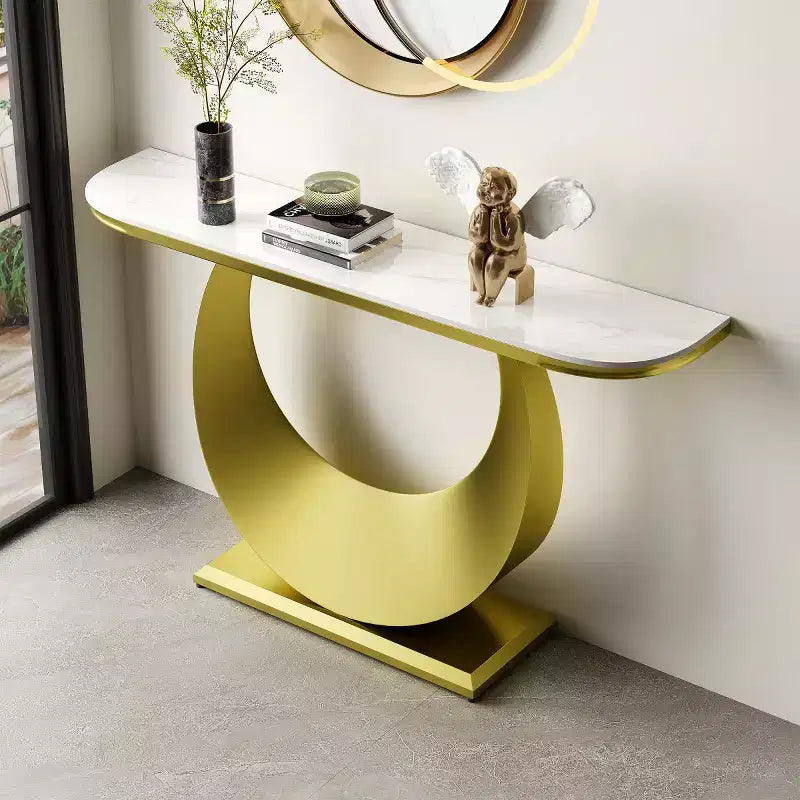 Console demi-lune de 47" avec plateau effet marbre et base en métal, table étroite pour entrée, couloir, salon ou chambre à coucher