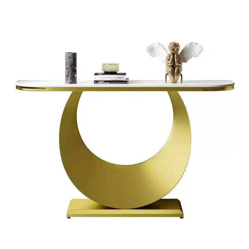 Console demi-lune de 47" avec plateau effet marbre et base en métal, table étroite pour entrée, couloir, salon ou chambre à coucher