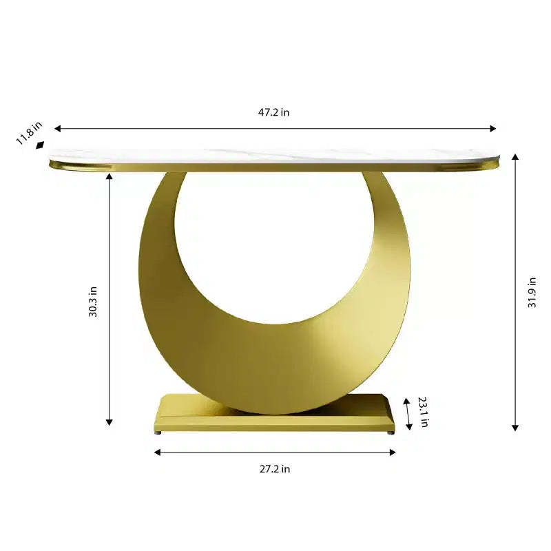 Console demi-lune de 47" avec plateau effet marbre et base en métal, table étroite pour entrée, couloir, salon ou chambre à coucher