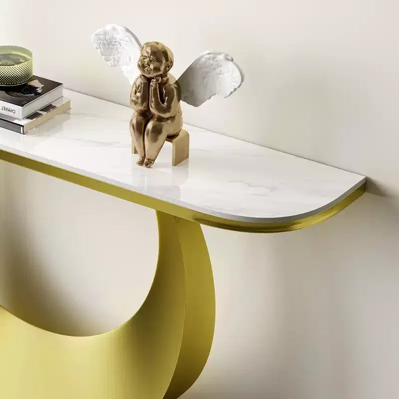 Console demi-lune de 47" avec plateau effet marbre et base en métal, table étroite pour entrée, couloir, salon ou chambre à coucher
