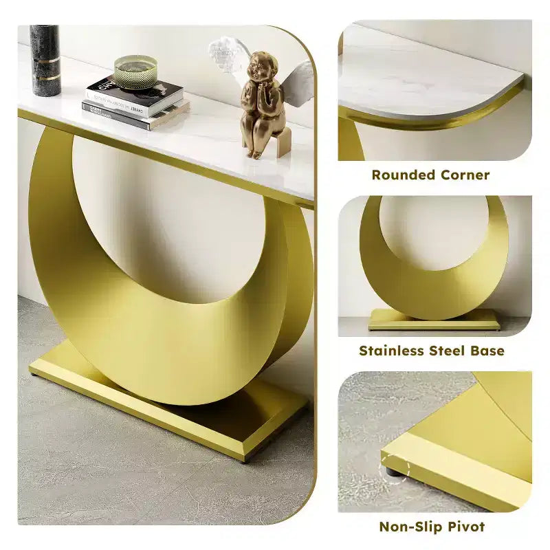 Console demi-lune de 47" avec plateau effet marbre et base en métal, table étroite pour entrée, couloir, salon ou chambre à coucher