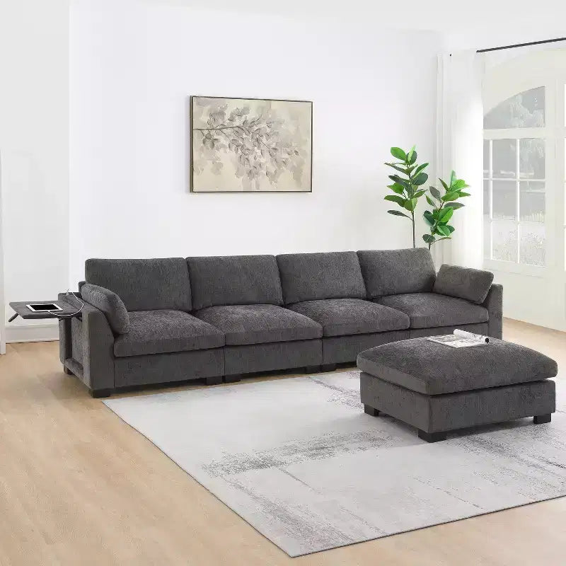 GDFStudio Lucas Canapé sectionnel modulaire en chenille en forme de L 130 avec pouf, RECHARGE DOUBLE PORT et table pliante