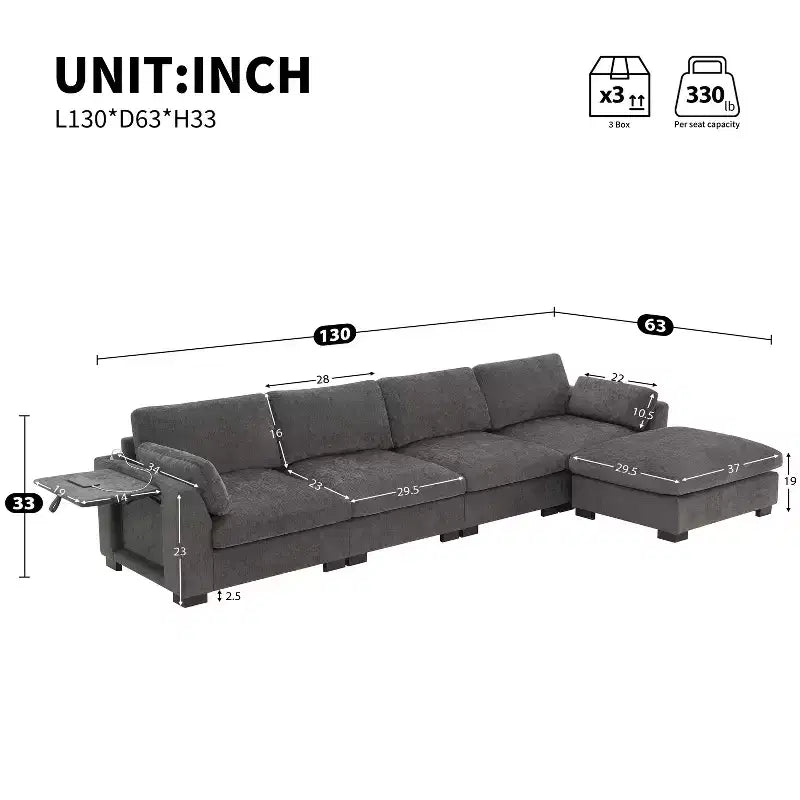 GDFStudio Lucas Canapé sectionnel modulaire en chenille en forme de L 130 avec pouf, RECHARGE DOUBLE PORT et table pliante